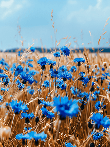 夏日风景背景下的田野矢车菊蓝色花朵