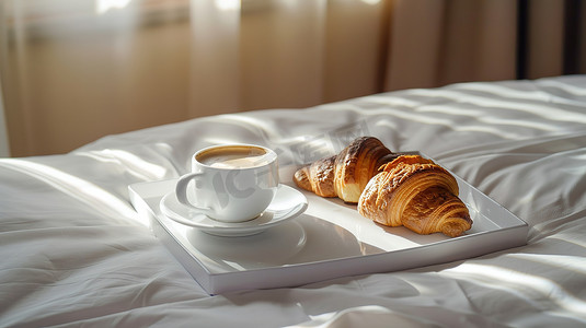 酒店房间的床上的早餐摄影照片