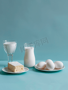 和牛摄影照片_蓝色背景中的乳制品牛奶鸡蛋和奶酪