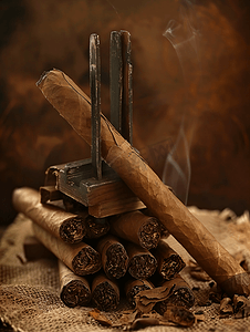 雪茄丘吉尔摄影照片_雪茄堆上的断头台和雪茄