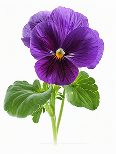 春天的花瓣摄影照片_白色背景下带绿叶的三色紫罗兰