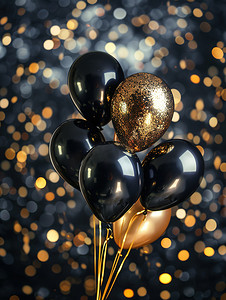 庆祝气球摄影照片_黑色和金色气球庆祝摄影配图