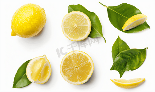 浅蓝背景摄影照片_白色背景上孤立的柠檬叶包括剪切路径