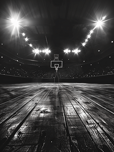 篮球赛战报摄影照片_篮球场上的木地板灯光和黑色背景