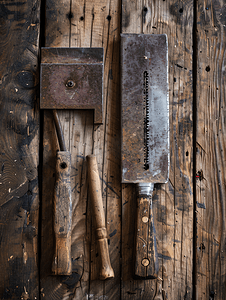 手册摄影照片_木桌背景上的锤子和锯子