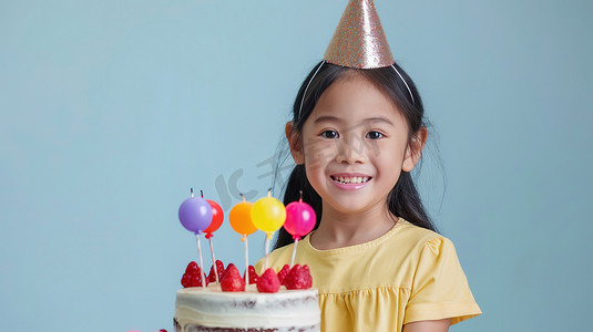 小女孩戴着派对帽拿着蛋糕高清图片