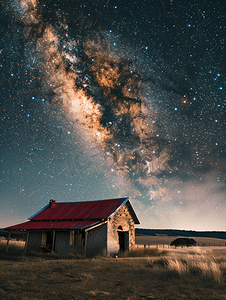 蓝色宇宙星空摄影照片_银河全景旧废弃房屋红色屋顶在露天场地