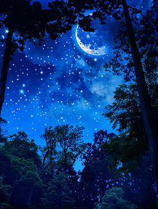 星空星河星球摄影照片_星空与月亮和丛林的轮廓