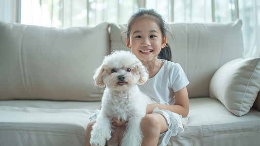 小女孩和她的狗坐在浅色沙发照片