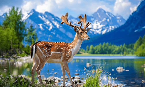 背景夏日风景中雄伟的动物鹿