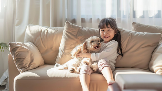 浅色love摄影照片_小女孩和她的狗坐在浅色沙发高清摄影图