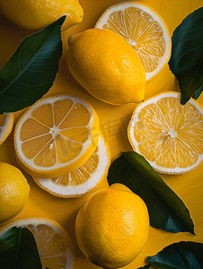 柑橘类水果摄影照片_成熟的黄色柠檬柑橘类水果切片叶子在成熟的黄色柠檬背景上