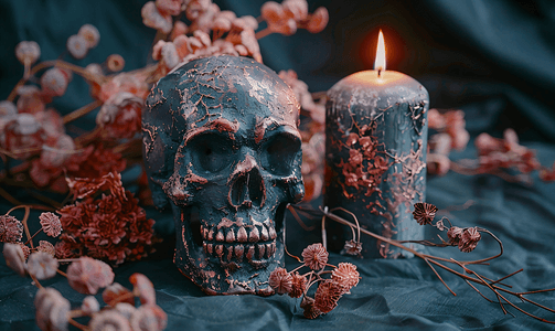 萌萌的恶魔摄影照片_深色背景中燃烧蜡烛和干花的头骨