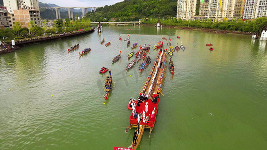端午节端午赛龙舟传统节日最长独木龙舟游江航拍实拍