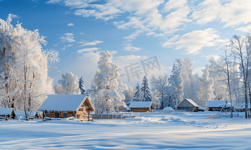 新年首页场景摄影照片_冬季村庄积雪覆盖森林节日贺卡