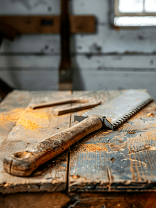 木桌背景上的锤子和锯子