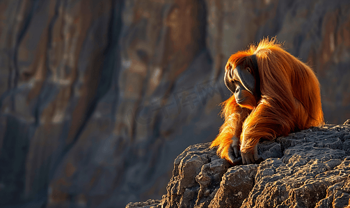 一只猩猩坐在岩石上躲避阳光