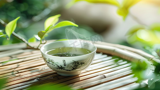 白瓷茶杯绿茶品茶照片