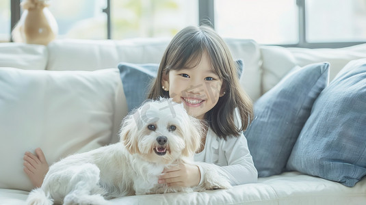 小女孩和她的狗坐在浅色沙发摄影图