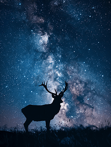 圣诞节驯鹿鹿摄影照片_夜晚鹿剪影在银河背景下的美丽背景图片