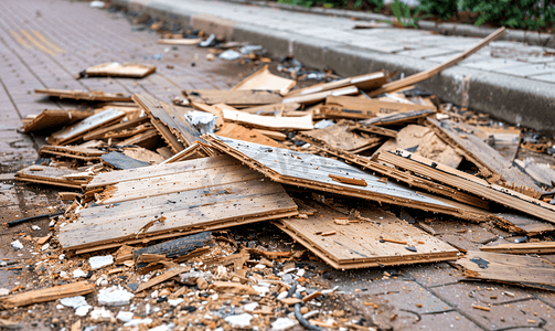 破碎的镶木地板修复后的废物地板上的木板街道上的建筑垃圾