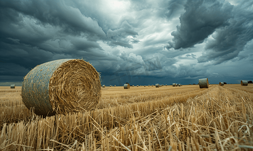 圆形麦田摄影照片_收获的麦田上阴云密布的风暴天空下的干草捆
