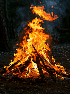 火焰宽屏摄影照片_夜间黑暗火焰中的篝火燃烧木材露营细节