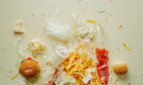 环保食品摄影照片_快餐店餐厅废物中的塑料废物概念