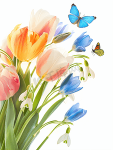 蓝色的花朵摄影照片_春天的花朵郁金香孤立在白色背景雪花莲花朵和蝴蝶