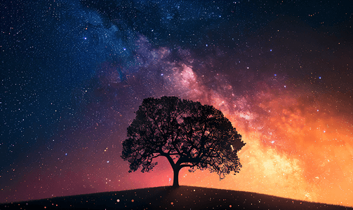黑色背景星空摄影照片_星空和银河下的孤独树