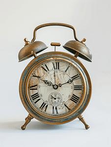 时钟商务摄影照片_白色背景下孤立的青铜古董闹钟