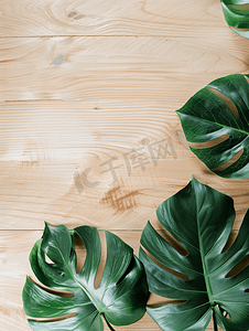 木制背景照片上的龟背竹植物简约内饰