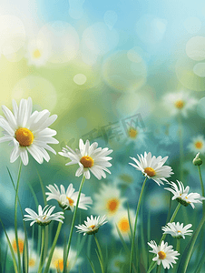 夏日风景背景中白色明亮的雏菊花
