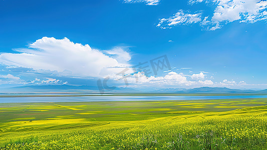辽阔青海湖的油菜花海图片