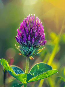 花序摄影照片_夏日阳光明媚的日子里盛开的紫色三叶草花微距摄影
