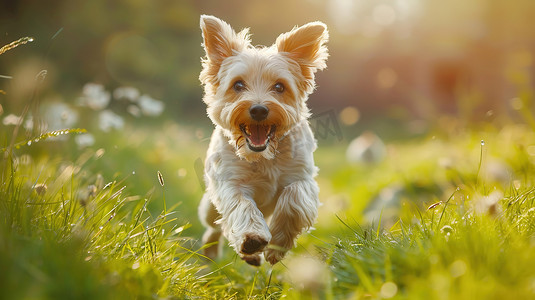 快乐的小狗​​穿过绿草摄影图