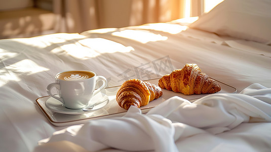 酒店房间的床上的早餐高清摄影图