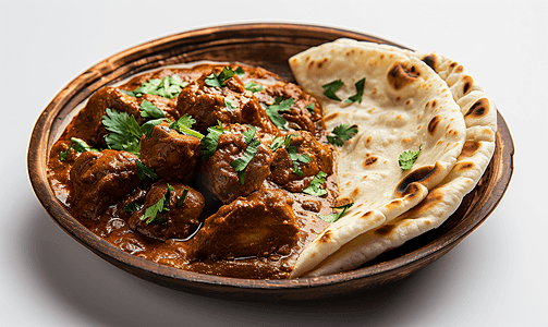 印度文化摄影照片_鸡肉咖喱辣味肉类食物搭配印度煎饼或印度烤饼