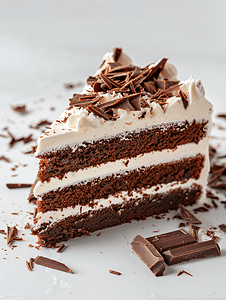 巧克力蛋糕片配上白色糖霜和巧克力屑