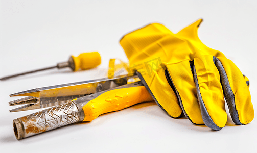 黄色手套工人建造者和带有白色背景胶带的螺丝刀