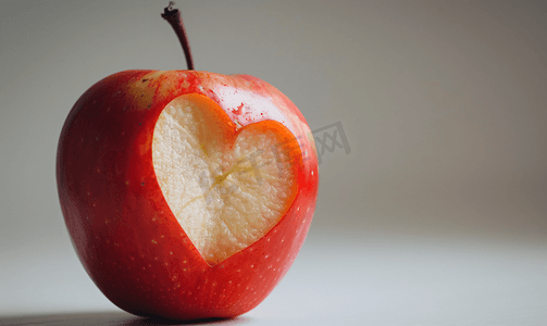 心形红色摄影照片_白色背景上被咬的心形红苹果