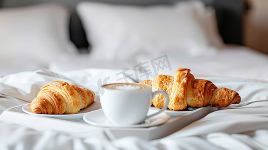 摄影照片_酒店房间的床上的早餐照片