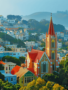 前景中的教堂和连绵起伏的旧金山山丘和尖顶屋顶