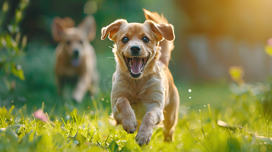 快乐的小狗​​穿过绿草摄影配图