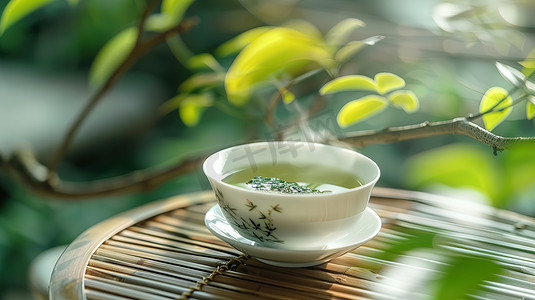 白瓷茶杯绿茶品茶高清摄影图