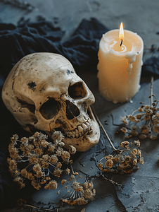 撒旦恶魔摄影照片_有蜡烛和干花的头骨在黑暗的背景