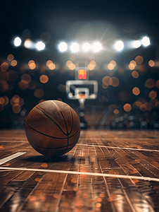 篮球特训摄影照片_篮球场上的木地板灯光和黑色背景