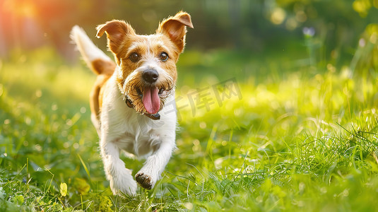 快乐的小狗​​穿过绿草摄影照片