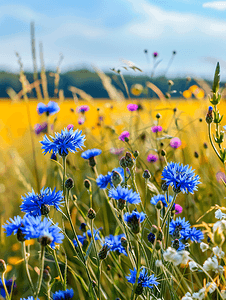 落叶设计摄影照片_夏日风景背景下的田野矢车菊蓝色花朵