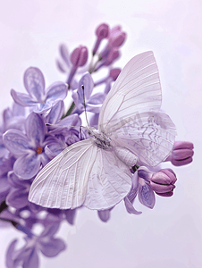 花朵春天绿色摄影照片_春天的花朵丁香和雪花莲孤立在白色背景蝴蝶